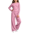 thumbnail image 4 of QTBIUQ Girls Two-Piece Fall Set Long-Sleeve Fitted Crop Top and Elastic Waist Wide-Leg Pants Casual Outfit Set, 4 of 6