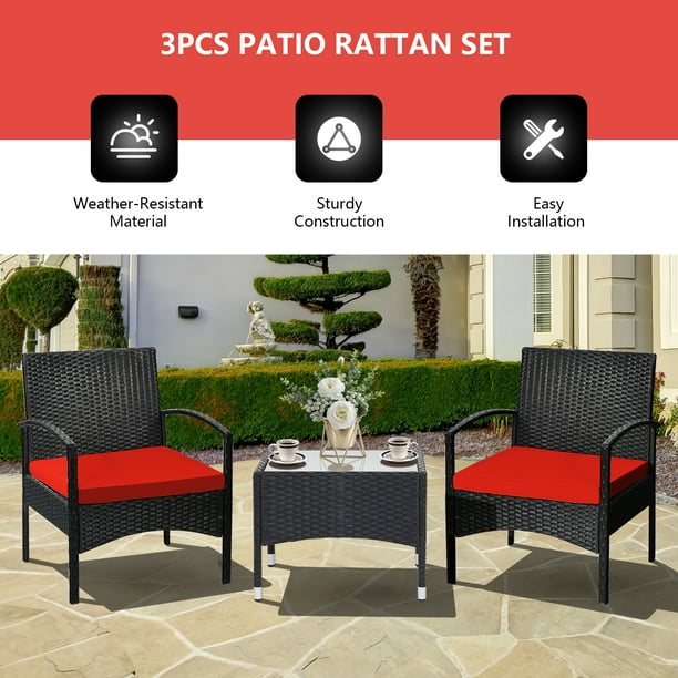 3 Pieces Outdoor Rattan Patio Conversation Set with Seat Cushions Red