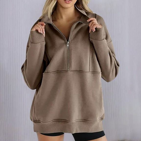 EchfiProm Pullover Womens Sweatshirt Lightweight Zip Mock Neck Brown Long Sleeve Half Zip Solid Color Casual Sweatshirt