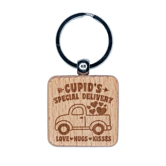 Cupid's Special Delivery Truck Valentine's Day Square Keychain Charm Tag - Engraved Wood