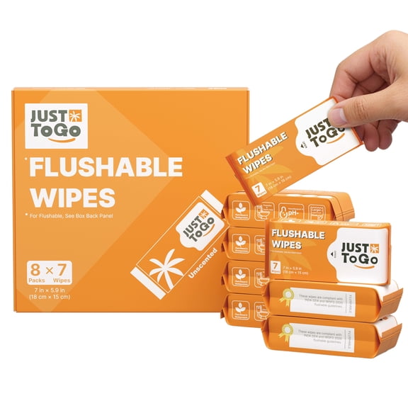 Just To Go Flushable Wipes, Travel Size Skin-Friendly Butt Wet Wipes for Adults, 56 Wipes (8 Pack)
