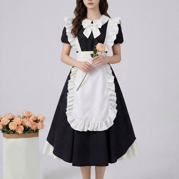 RoamHome Women's Maid Costume Flutter Sleeve Ruffled Apron Lace Up Lolita Dress Vintage Elegant Halloween Party Role Play Dress