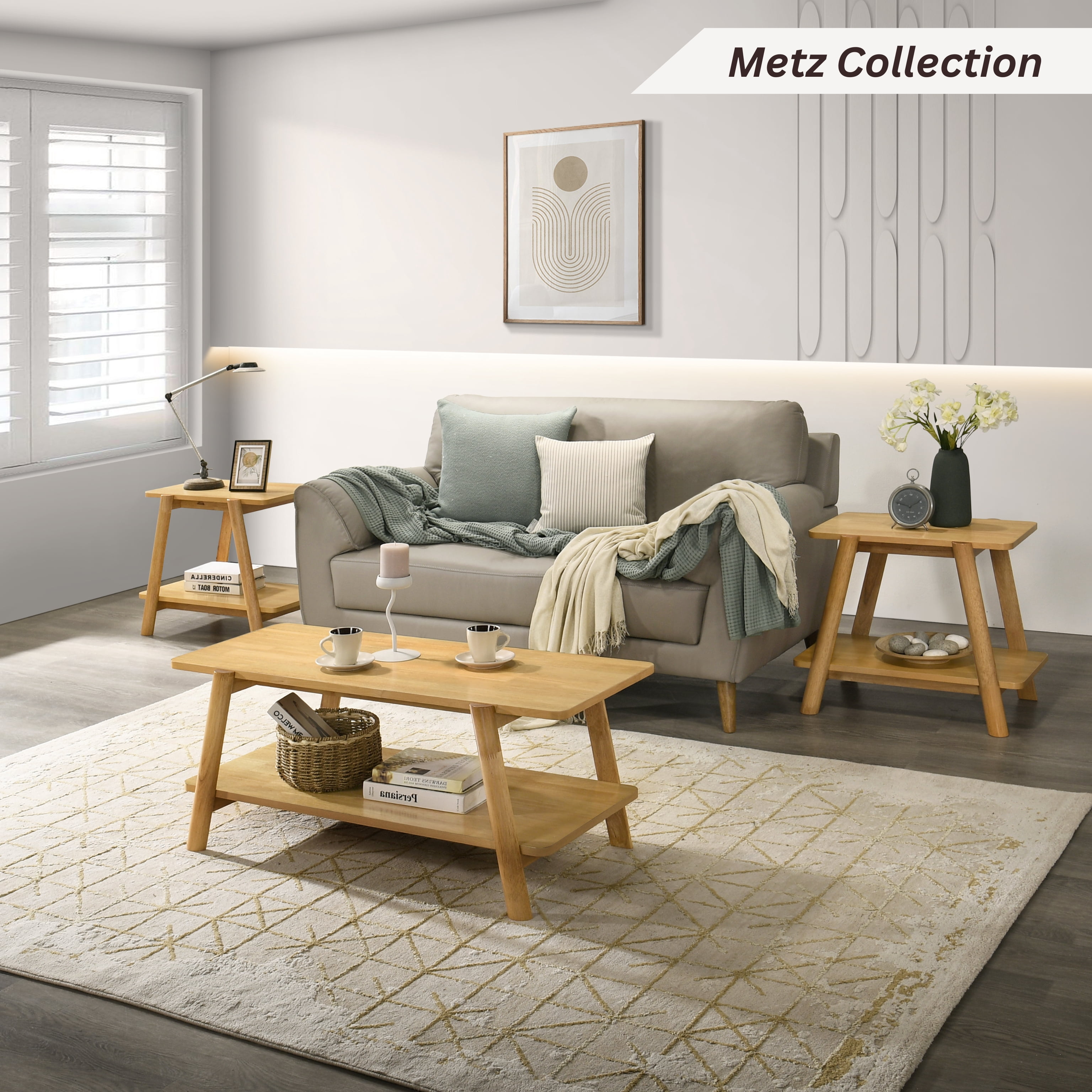 Mid‑Century Modern Natural Oak Finish Wood Shelf End Table, Sculptural Curved Side Table Nightstand with Under‑Table Storage Shelf