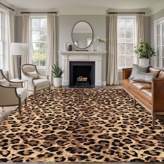 Rectangle Area Rugs 6 x 9 Ft, Leopard Printed Non-Slip Residential Carpet, Modern Animals Textured Brown Indoor Crawling Mats Runner Rugs for Living Room/Dining Room/Bedroom