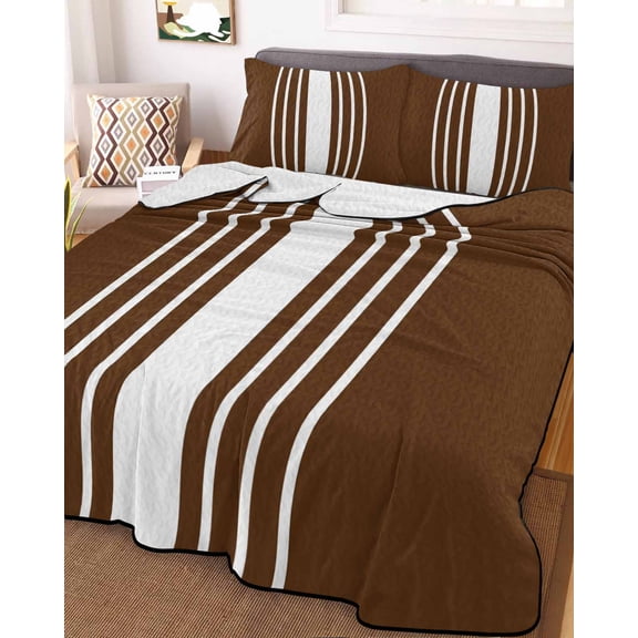 Brown White Stripe Full Size Down Alternative Comforter, Lightweight Comforter Quilt Bedding Set with Pillow Shams Modern Rustic Vertical Striped All Seasons Bed Comforter Duvet Insert 78"x90"