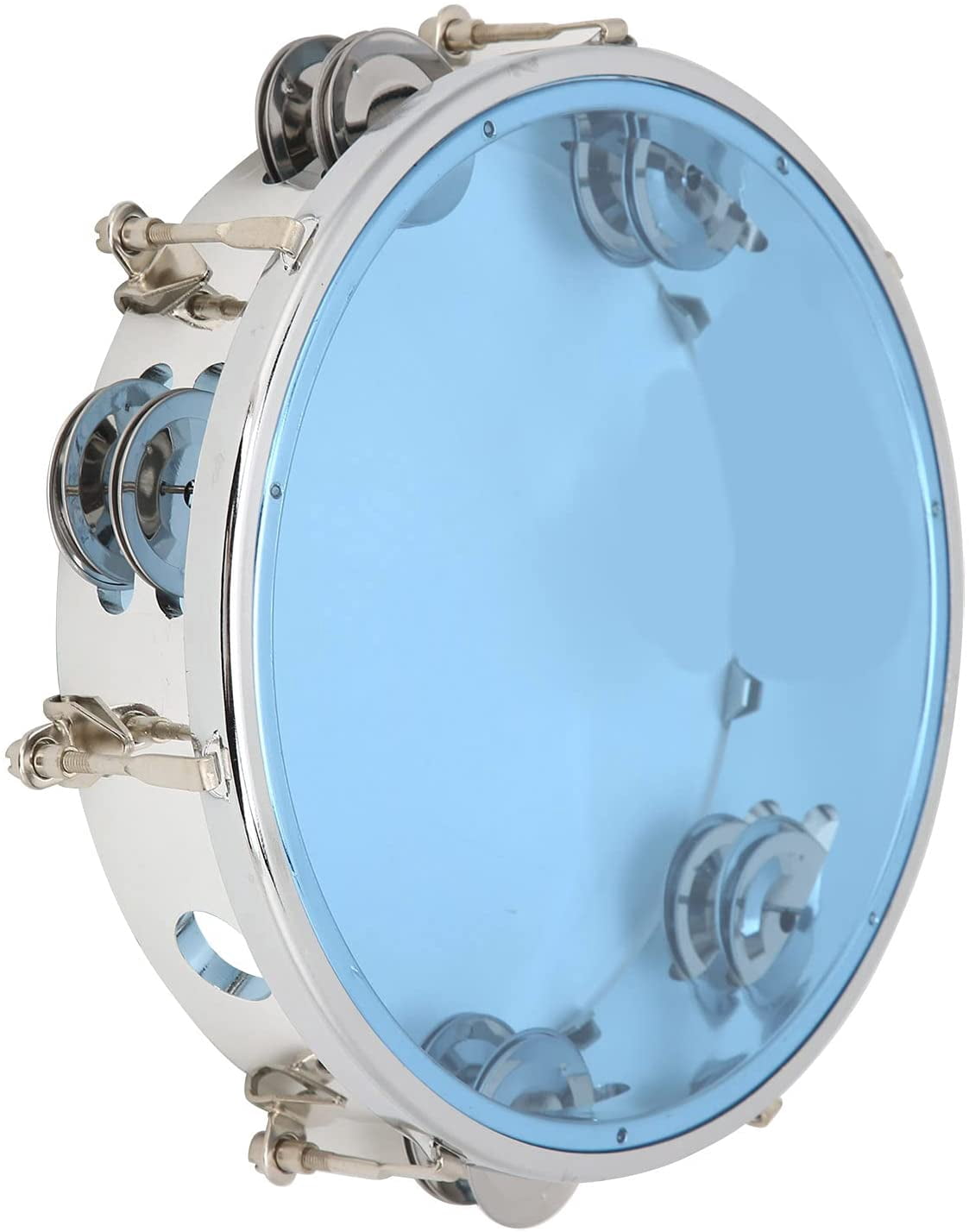 ABCISI 8 Inch Tambourine, Double Row Metal Jingles Hand Held Percussion Instrument with Drum Key for Church Worship Band Adults Beginners (Blue)
