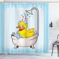 thumbnail image 1 of Cortina de ducha de pato, personaje de dibujos animados tomando un baño, gotas de colores, puntos de fondo, 59 pulgadas de ancho x 70 pulgadas de largo, azul suave, azul cielo y amarillo, 1 of 5