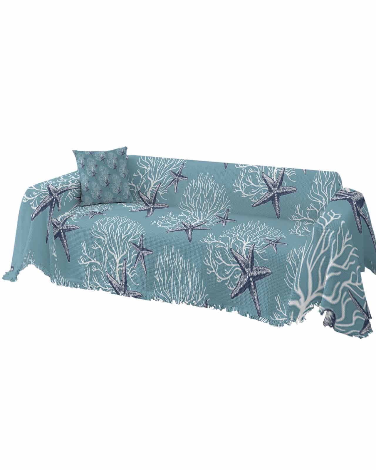 Blue Starfish Sofa Covers for 3 Cushion,Washable Couch Cover for Sectional Sofa Slipcoverwith Tassel,Coastal Coral Summer Beach Sea Nautical Loveseat Covers Futon Cover Throw Blanket 71''x118''