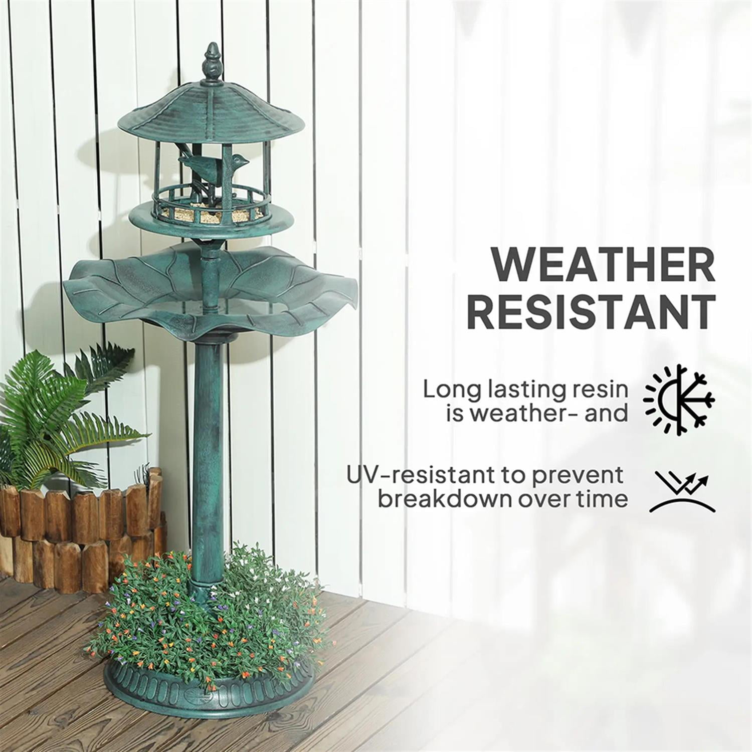 resenkos 3-in-1 Outdoor Flower Birdbath with Bird Feeder, Charming Garden Accent to Attract Birds, Durable Resin Construction for Patio, Deck, or Yard, Green