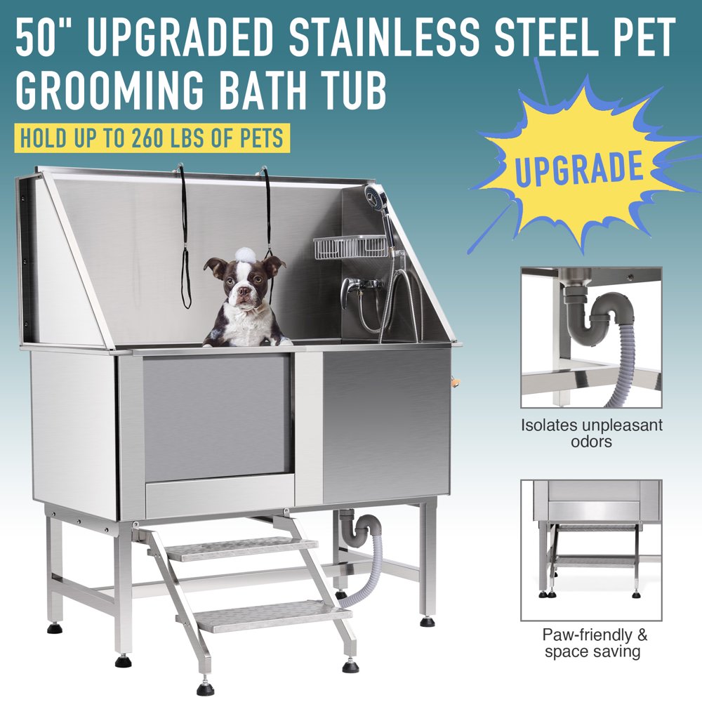 50” Stainless Steel Dog Grooming Bath Tub Kit, Pet Bathing Station Wash