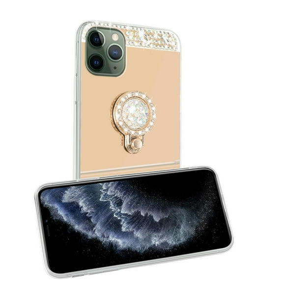 SOATUTO For iPhone 11 Pro Max Glitter Mirror Case with Ring Holder Stand for Girls Women Bling Shining Rhinestone Diamond Luxury Fashion Makeup Case for iPhone 11 Pro Max 6.5 inch - Gold