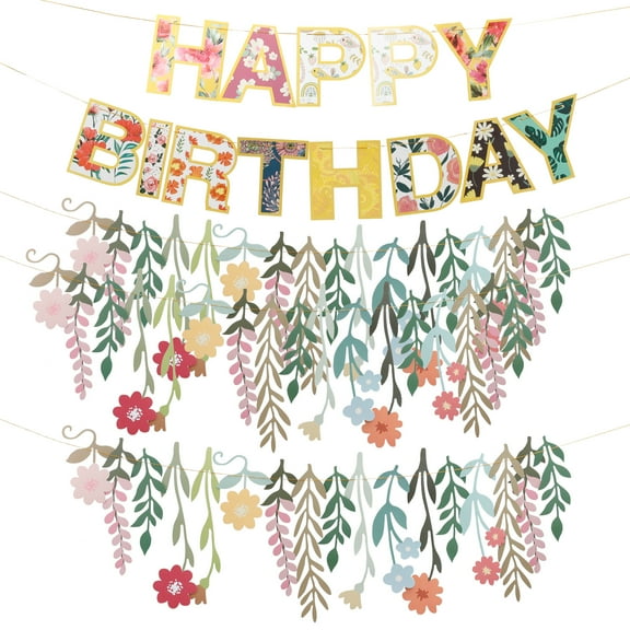 4Pcs Wildflower Birthday Party Decor Hanging Wildflower Decorative Banner Floral Happy Birthday Banner Flower Decor for Wedding Party Decorations