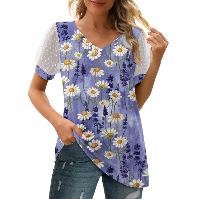 Gibobby Camisas mexicanas con cuello en V para mujer Camiseta manga corta con cuello en V y manga corta con estampado floral para mujer(Morado,M)