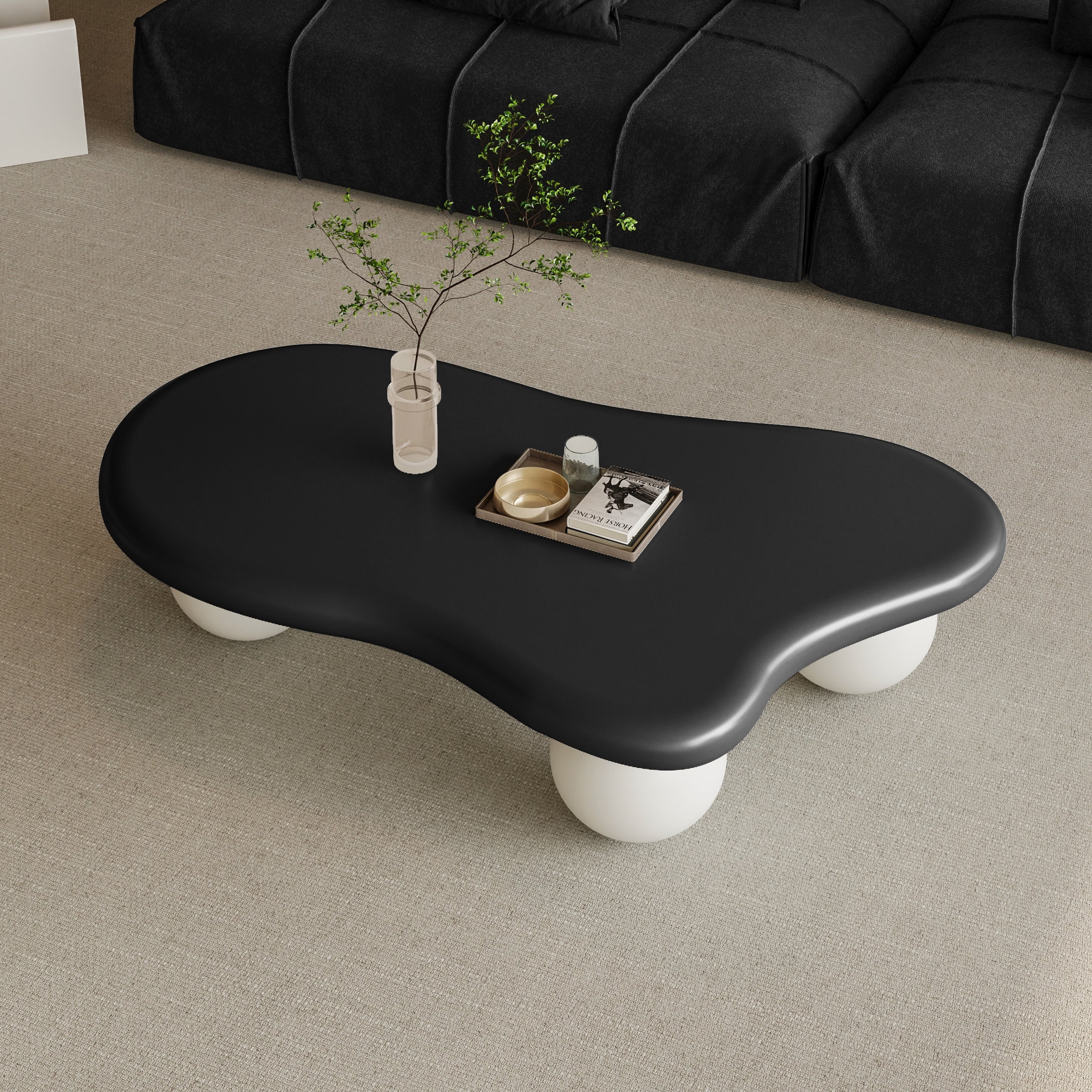 Noble House 47" Cloud Shaped Coffee Table with Ball Legs, Modern Aesthetic Accent Table for Living Room, Black Top White Legs