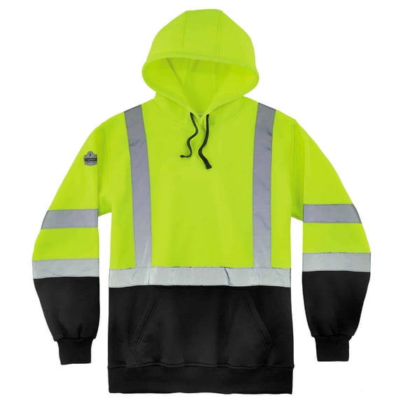 Ergodyne GloWearÂ® 8373 Class 3 Pullover Hi-Vis Hooded Sweatshirt - Black Front, Lime, 4XL