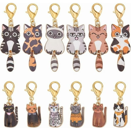 12Pcs Enamel Cat Charms Swinging Tails 12 Styles Cute Alloy Kitten Pendants Pet Dangle Cartoon Pendants with Lobster Clasp for Mobile Straps Keychain DIY Craft Jewelry Making Supplies