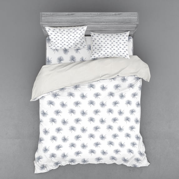 Floral Duvet Cover Set, Silhouette of Cartoon Style Tropical Acacia Palm Leaves Random Alignment, Bedding Set with Shams and Fitted Sheet, 3 Sizes, by Ambesonne
