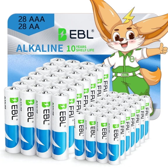EBL 56-Pack Alkaline AA AAA Batteries Combo, Includes 28 AA and 28 AAA Value Pack, 1.5V High Power Performance, 10 Years Long Shelf Life Blister Package