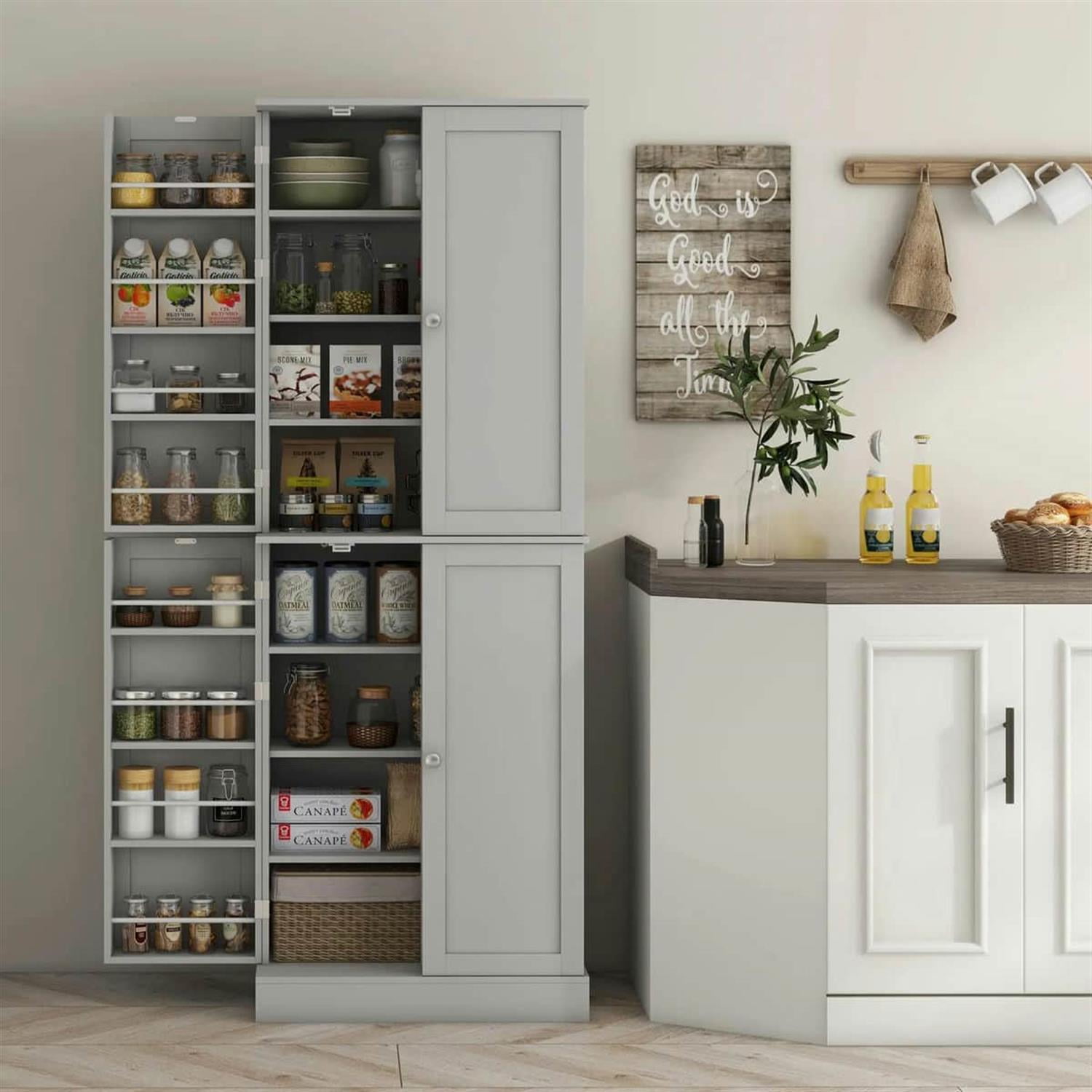Demi Bonn 65" Kitchen Pantry Cabinet, 4-Door Storage with 16 Shelves for Dining Room, Space-Saving Kitchen Organization, Gray