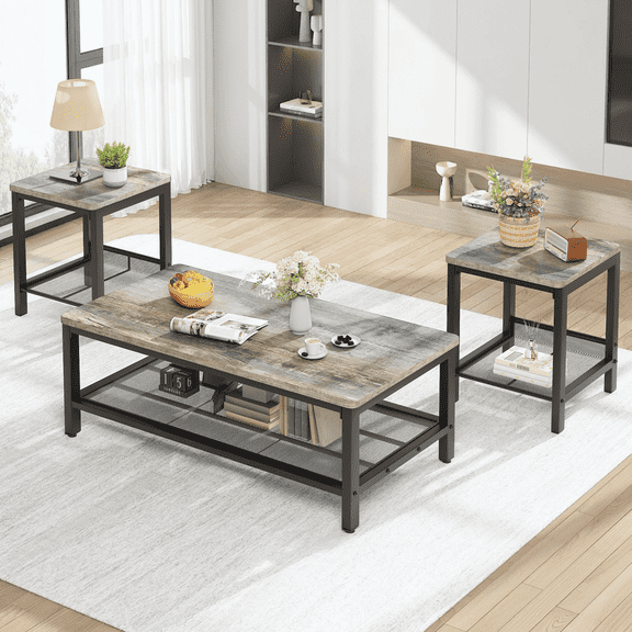 MIERES Living Room Coffee Table Set, Coffee Table and Side Table Combination, Metal Frame Coffee Table Set, Suitable for Living Rooms, Apartments, Offices, Farmhouse Gray