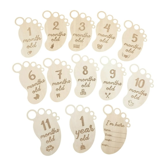 13 Pcs/Set Baby Wooden Cards Memorial Cards Baby Feets Shaped Monthly Recording Birth Anniversary Cards Gifts for Baby Photography Props Teether Toy