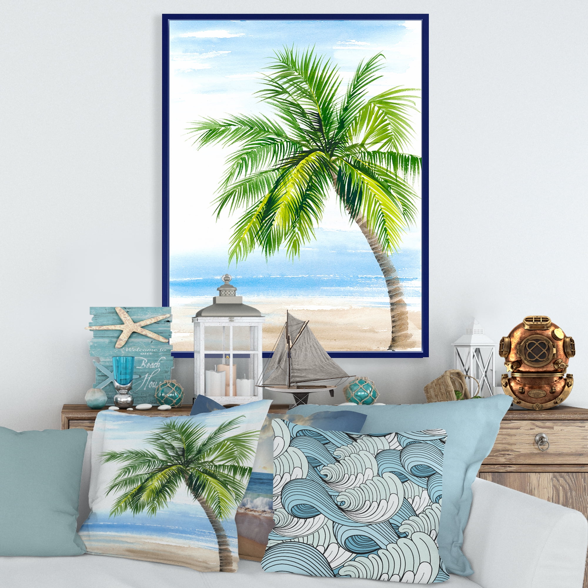 Designart 'Palm Tree At The Beach' Nautical & Coastal Framed Canvas Wall Art Print