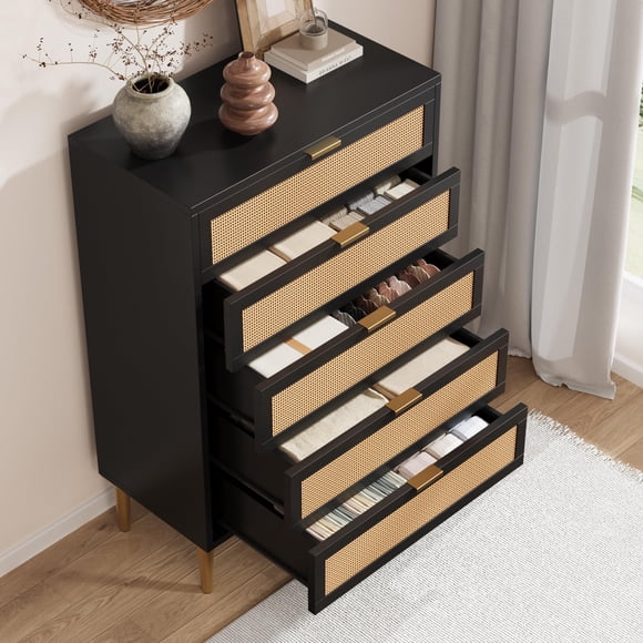 Modern Boho Rattan 5 Drawer Dresser - Tall Narrow Wooden Chest with Metal Legs & Handles - Vertical Storage Cabinet for Bedroom or Living Room - Black