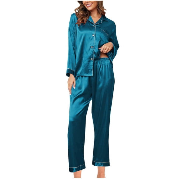 Pajamas for Women Set Button down Satin Silk Sleepwear Sets Long Sleeve V Neck Loungewear Long Pants Nightwear