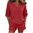 thumbnail image 3 of Women's Cotton Elastic Waist Two Piece Outfit V Neck Ruffle Short Sleeve Top with Shorts, Solid Casual Summer Set, Lounge Maternity Activewear Shorts | VerBelle,Red S, 3 of 8
