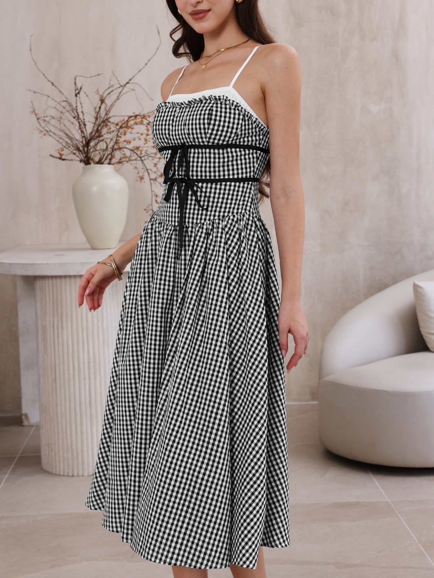 DARING DIVA Women's Plaid Midi Spaghetti Strap Flowy Dresses L Black