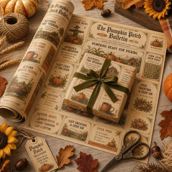 Wrapping Paper Pumpkin Patch Bulletin Paper Gift Wrap for Fall Birthdays and Host Gifts