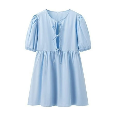 ShomPort Women s Babydoll Dresses Summer Loose Round Neck Lantern Sleeve Front Lace up Blouse Mini Dresses