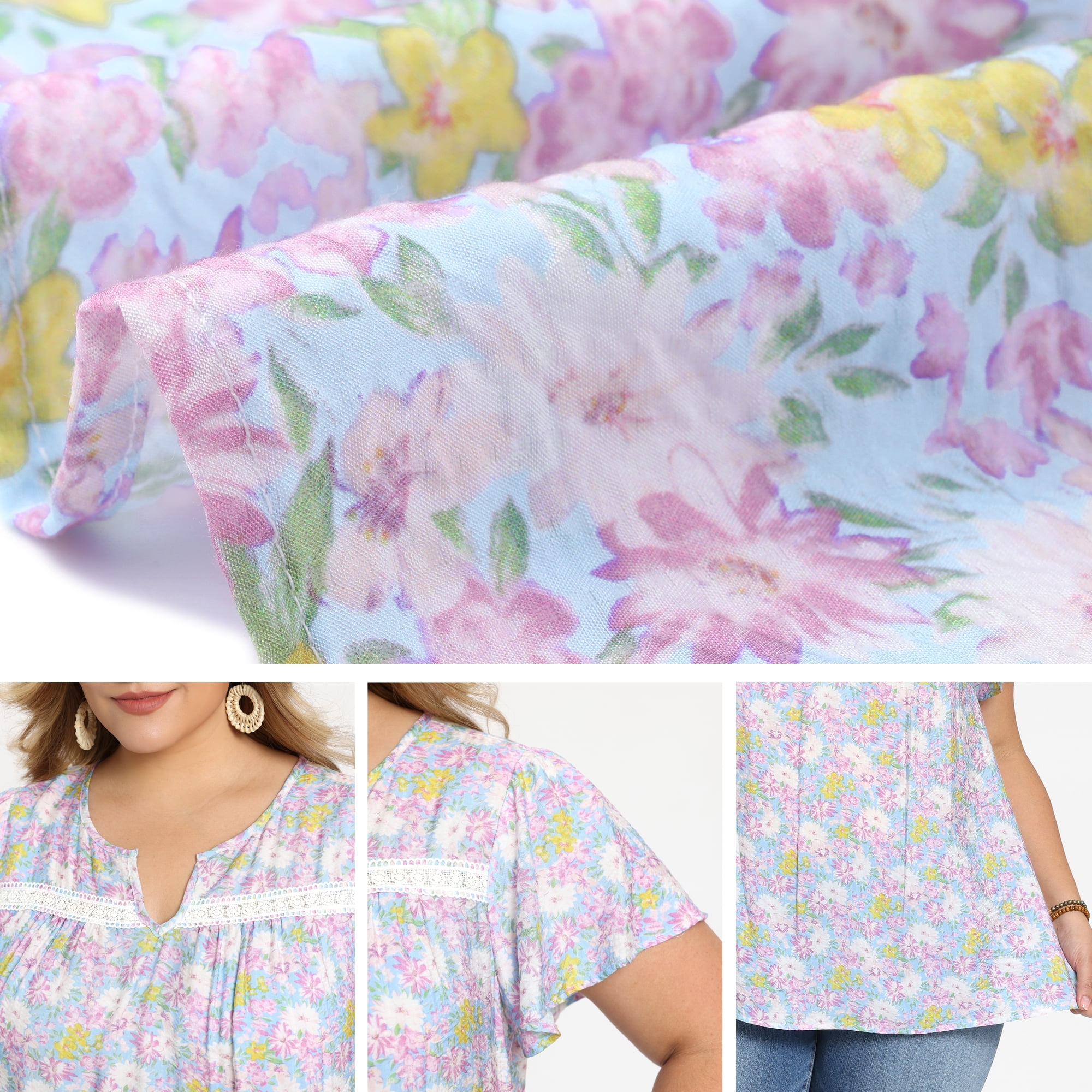 DARING DIVA Women's Plus Notch V Neck Ruffle Sleeve Floral Top 1X Light Purple