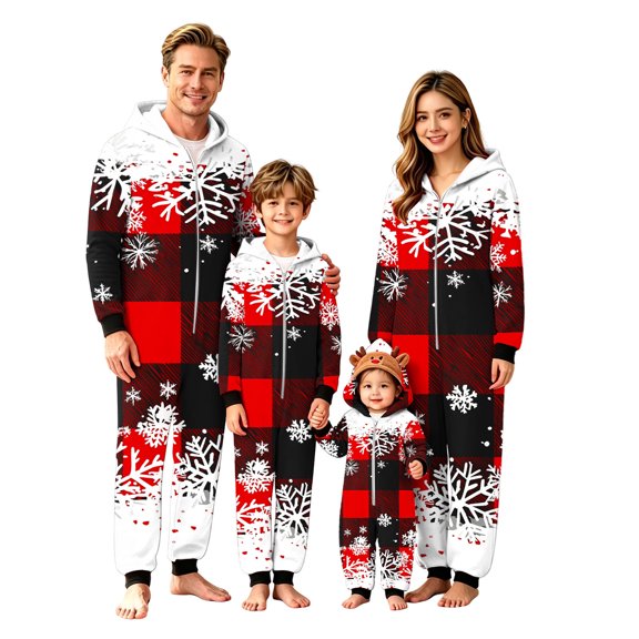 Christmas Pajamas for Family,Long Sleeve Zip Up Printed Loungewear Jumpsuit with Hooded