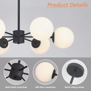 KCO Lighting Matte Black Sputnik Chandelier, Mid Century 6-Light Milk Glass Ball Chandelier, Modern Globe Ceiling Light
