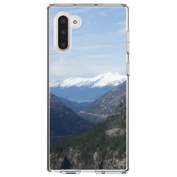 DistinctInk Clear Shockproof Hybrid Case for Samsung Galaxy Note 10 (6.3" Screen) - TPU Bumper, Acrylic Back, Tempered Glass Screen Protector - Skagway Alaska Mountains