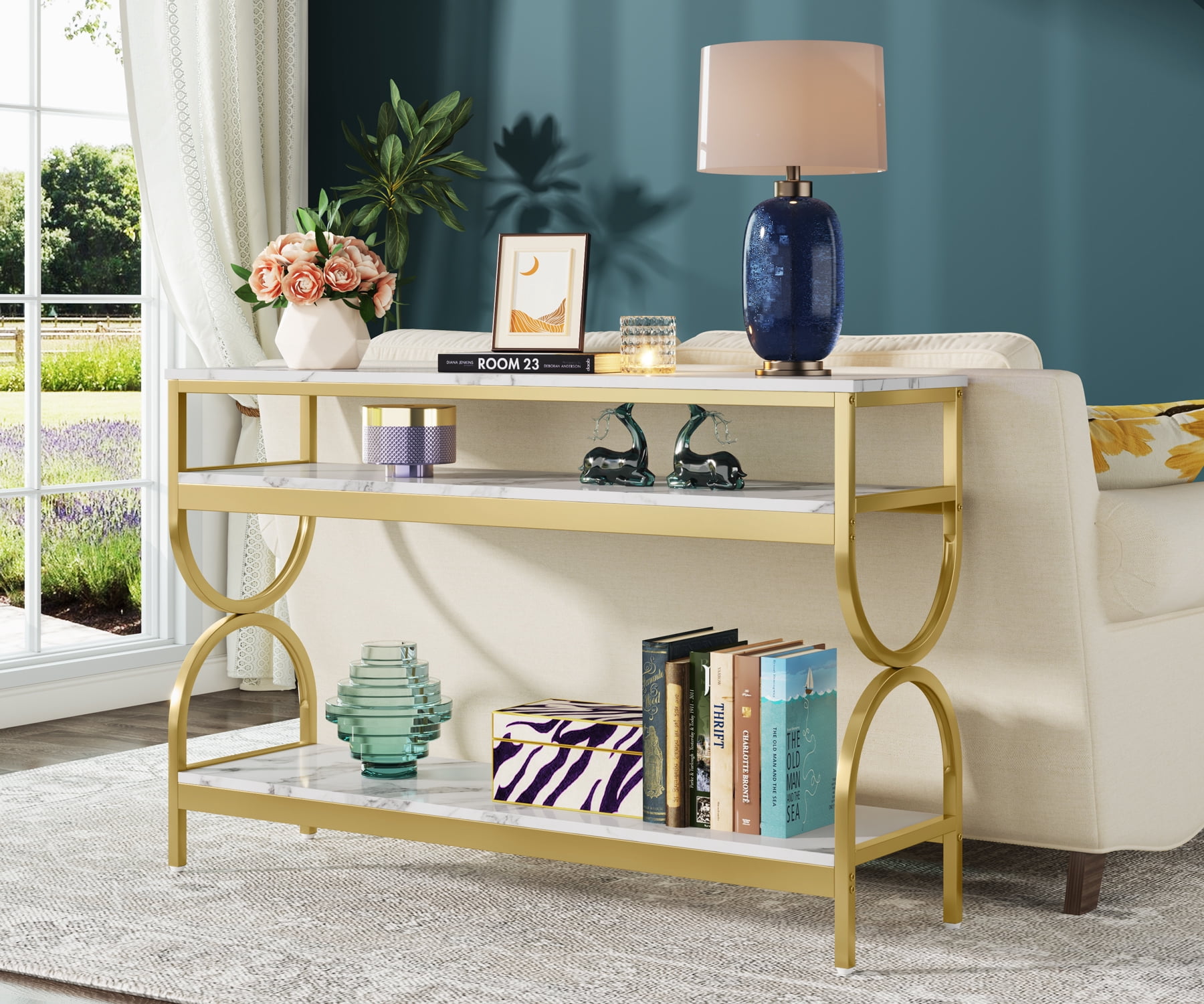 Tribesigns Modern 3 Tiers Console Table, 55 inch Faux Marble Sofa Entryway Tables with Storage Shelves for Living Room, Hallway and Foyer, White & Gold