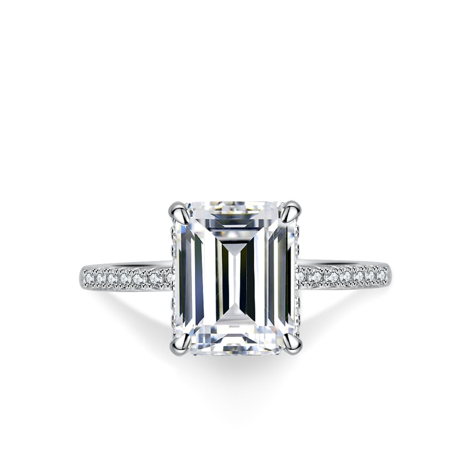 4 Carat Hidden Halo Engagement Ring Emerald Cut Moissanite Ring for Women D Color VVS1 Clarity Diamond Wedding Rings 925 Sterling Silver Rings for Anniversary Promise