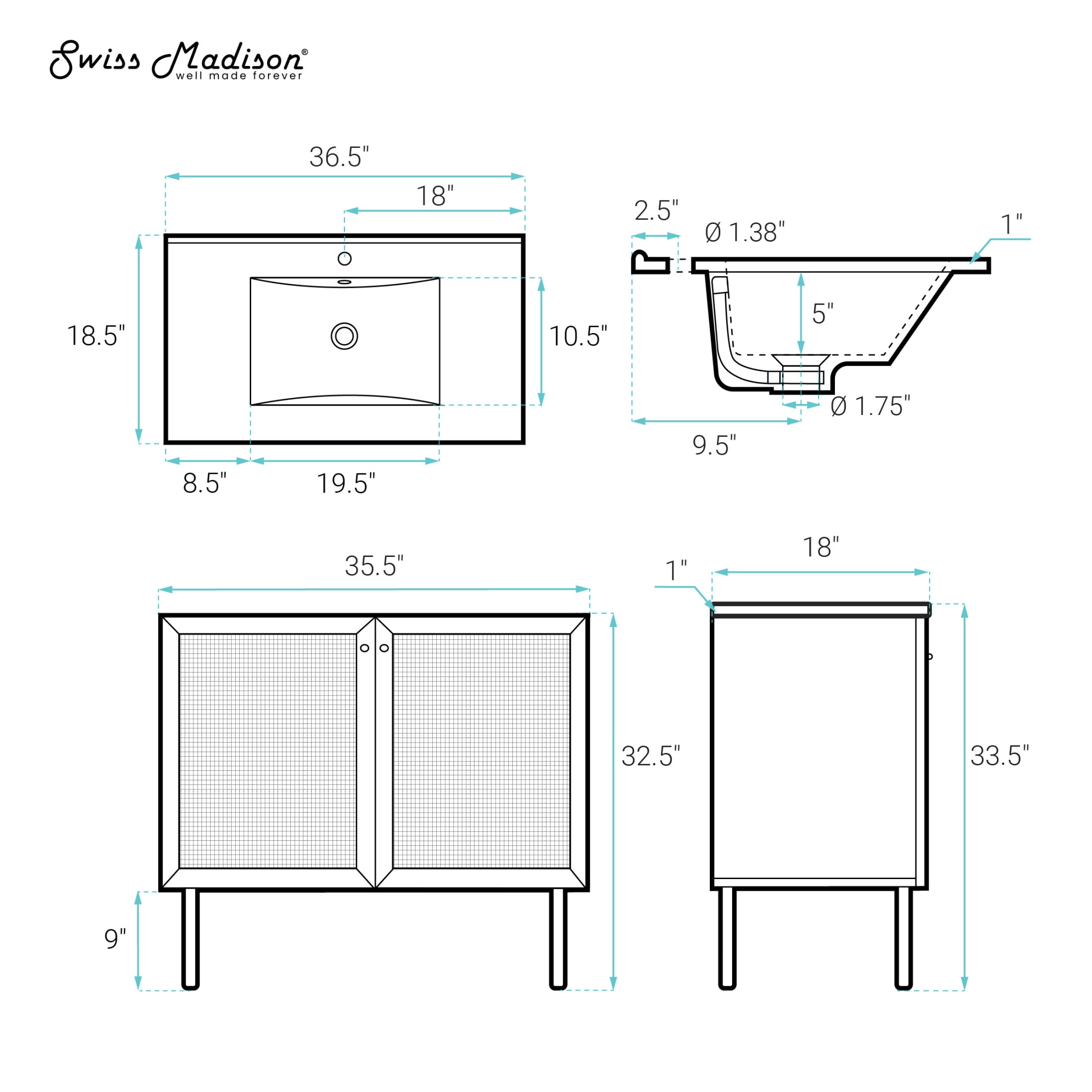 Classe 36" Freestanding Bathroom Vanity in Natural Oak with Sink Top