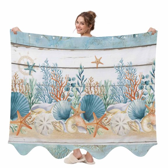 Blue Vintage Coastal Wearable Blanket, Summer Nautical Coral Starfish Shell Plush Thick Cozy Flannel Oversized Adult Throw Body Wearable Blankets with Pocket Gifts for Women Men 58x64in