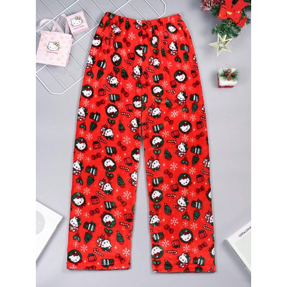 Womens Red Christmas Pajama Pants Cartoon Print Loungewear Pants
