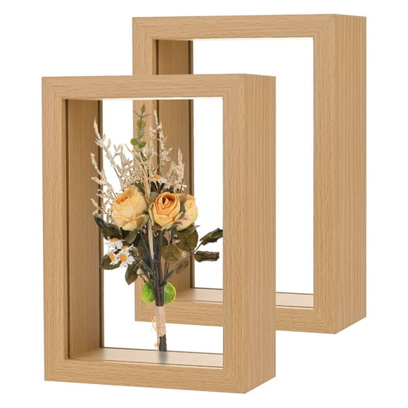 Marco de Flores Secas de 2 Piezas, 4 x 6 Pulgadas, Marco Flotante de Madera Acrílica para Fotos de Flores Secas [Color Madera]