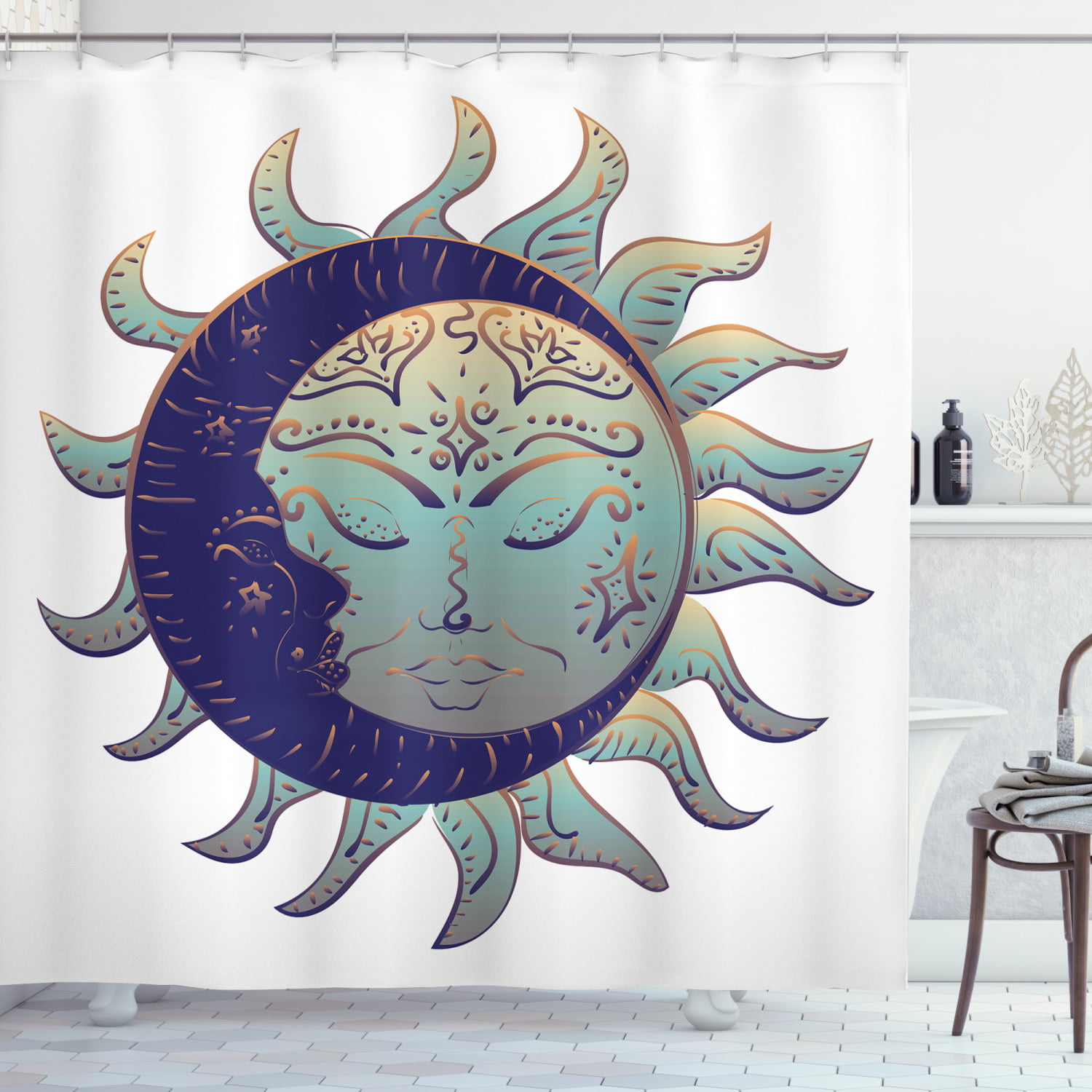 Abstract Sun and Moon Shower Curtain Bathroom Decor Fabric 12hooks 71in 