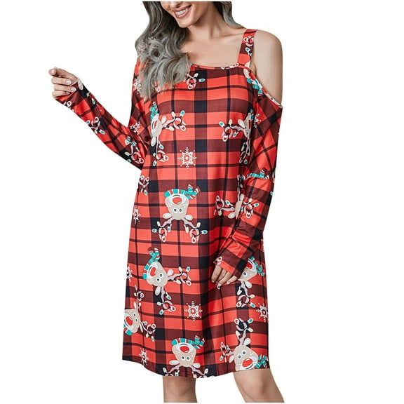 Lilgiuy Women Dress Christmas Printed Strapless Long Sleeve Dress