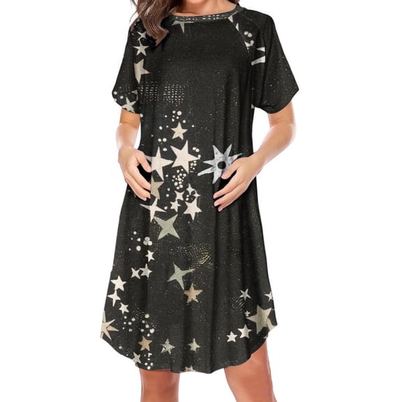 Admvng Maternity T-Shirt Dress Star Print Round Neck A-Line Pregnancy Tunic with Pockets