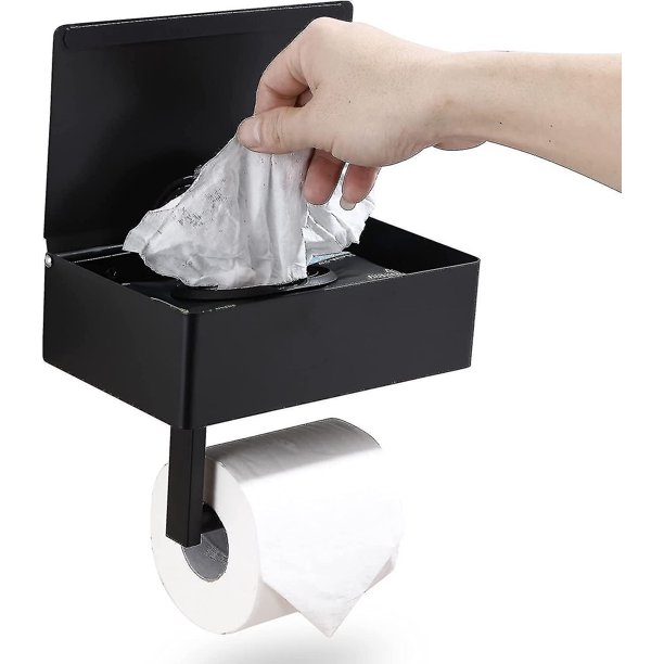 Portarrollos de papel higiénico negro mate con estante, dispensador de toallitas y espacio de almacenamiento para el baño. Mantiene las toallitas ocultas y fuera de la vista. Resistente a las manchas.