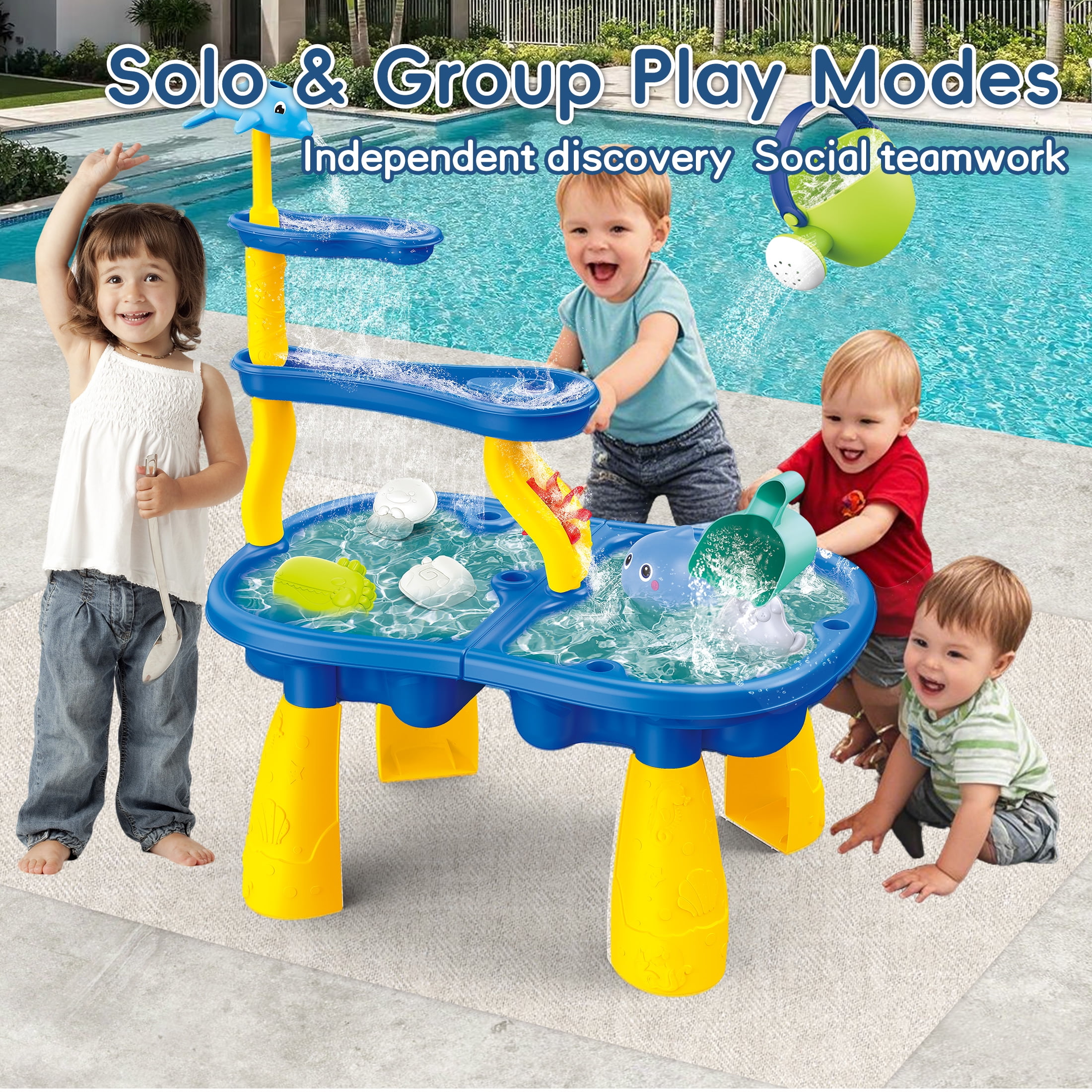 KOPPOP 2-in-1 Sand & Water Table for Kids, Outdoor Indoor Sensory Toy with Waterwheel & 8 Accessories, STEM Gift for Ages 3-5