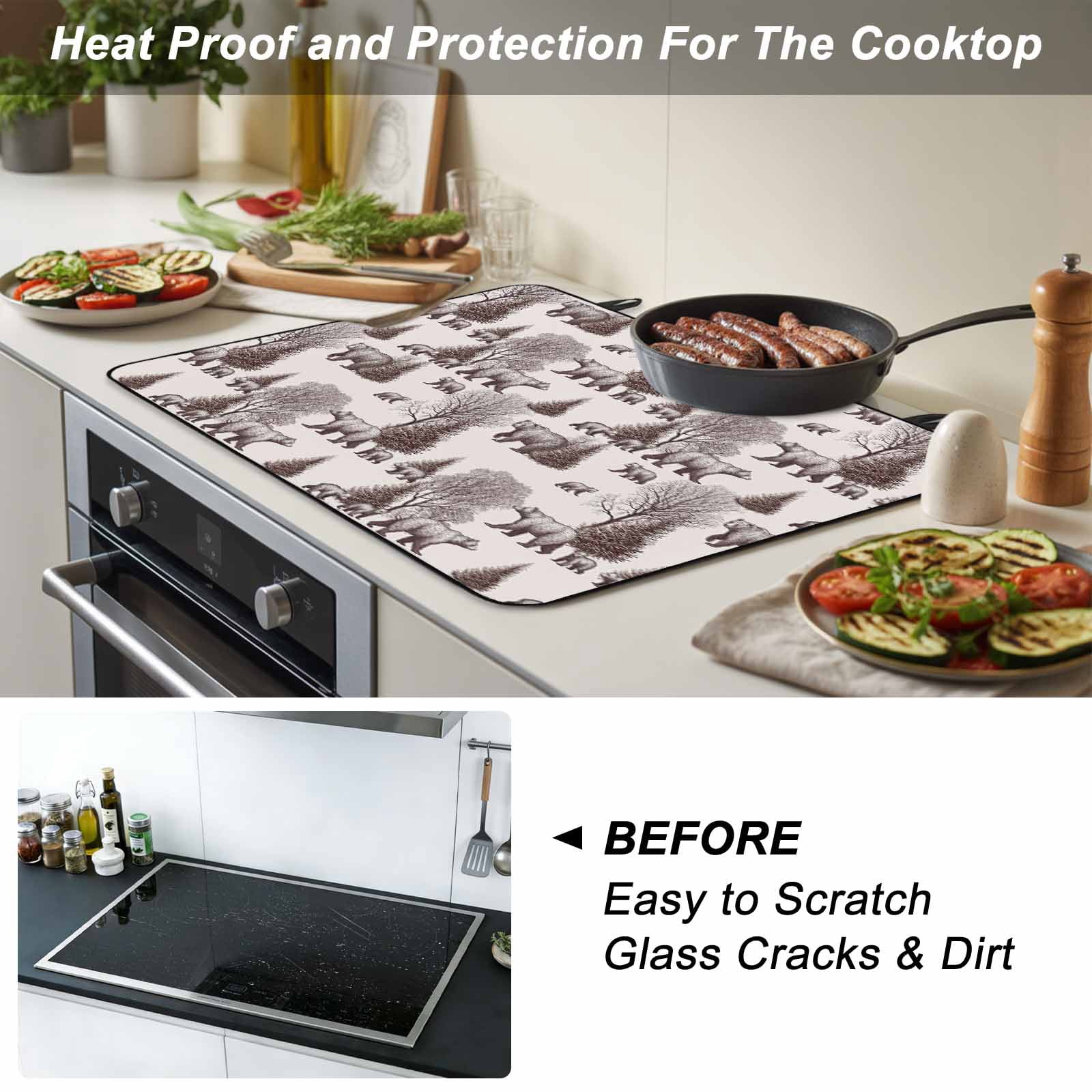 Brown Bear Stove Top Cover for Electric Stove, Heat-proof & Non Slip Glass Top Stove Cover Protector, Hunting Bear Forest Wildlife Animals Vintage Kitchen Flat Cooktop Rubber Mat 24x21 Inches
