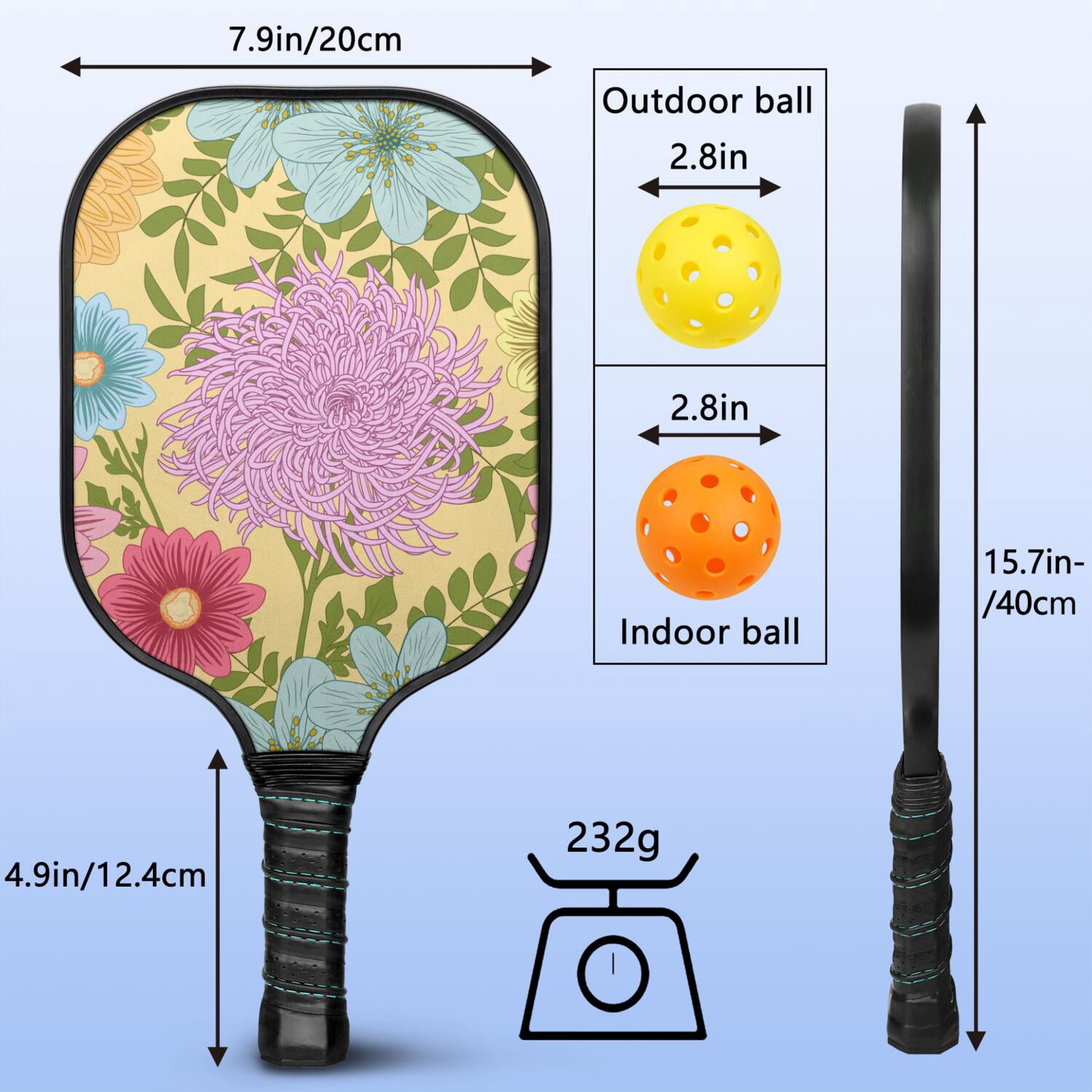 Pickleball Paddles Set Of 2, Fiberglass Surface, Vintage Floral Print, 4 Balls & Bag