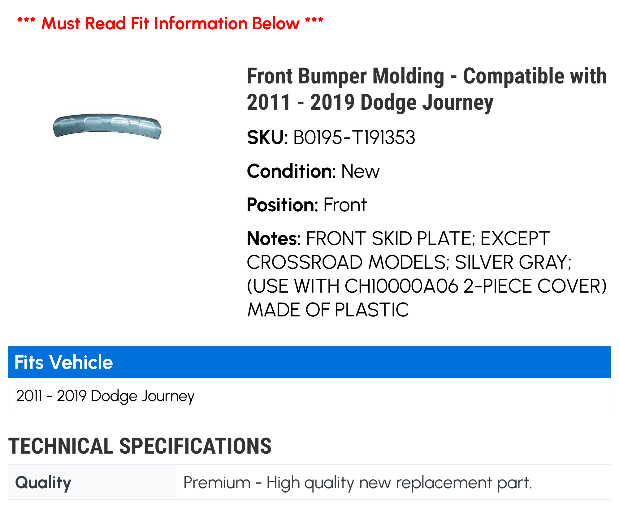 Front Bumper Molding - Compatible with 2011 - 2019 Dodge Journey 2012 2013 2014 2015 2016 2017 2018